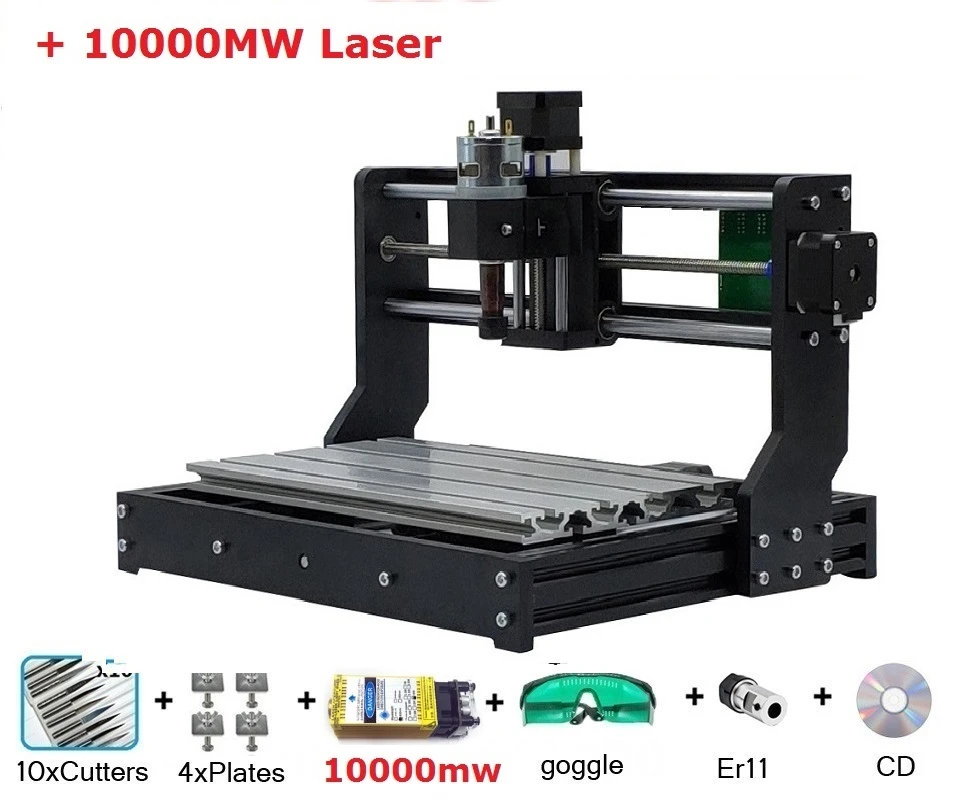 Add 10000mw laser CNC 3018 PRO лазерный гравер древесины ЧПУ маршрутизатор машина GRBL ER11 Хобби DIY гравировальный станок для дерева PCB ПВХ Мини CNC3018 гравер - Цвет: Add 10000mw laser