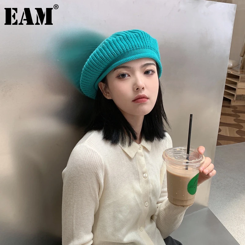 

[EAM] Women Blue Knitting Elegant Berets Hat New Round Dome Temperament Fashion Tide All-match Spring Autumn 2022 1DE3838