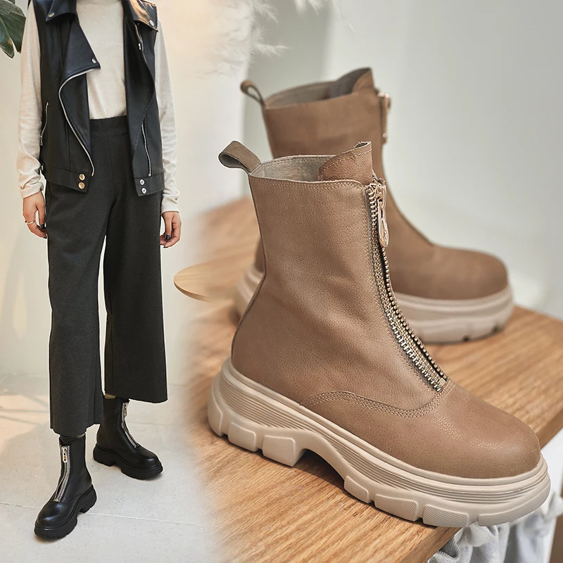 

INS HOT Women ankle boots cowhide upper shoes autumn and winter ladies boots Vintage front zipper short boots snow boots