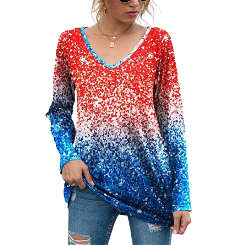 

Tie-dye Gradient Print Streetwear T-Shirts Women New Long Sleeve Loose Autumn Tee Female Casual V-Neck Pullovers T-Shirt Tops
