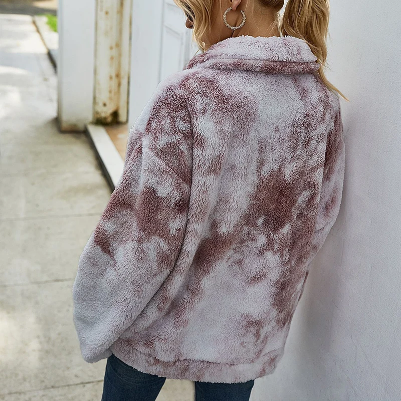 

Winter Warm Women Jacket Plush Furry Tie Dye Zipper Ladies Coats Fashion Turndown Collar Outwear Faux Fur Coat Women 2021 WF026