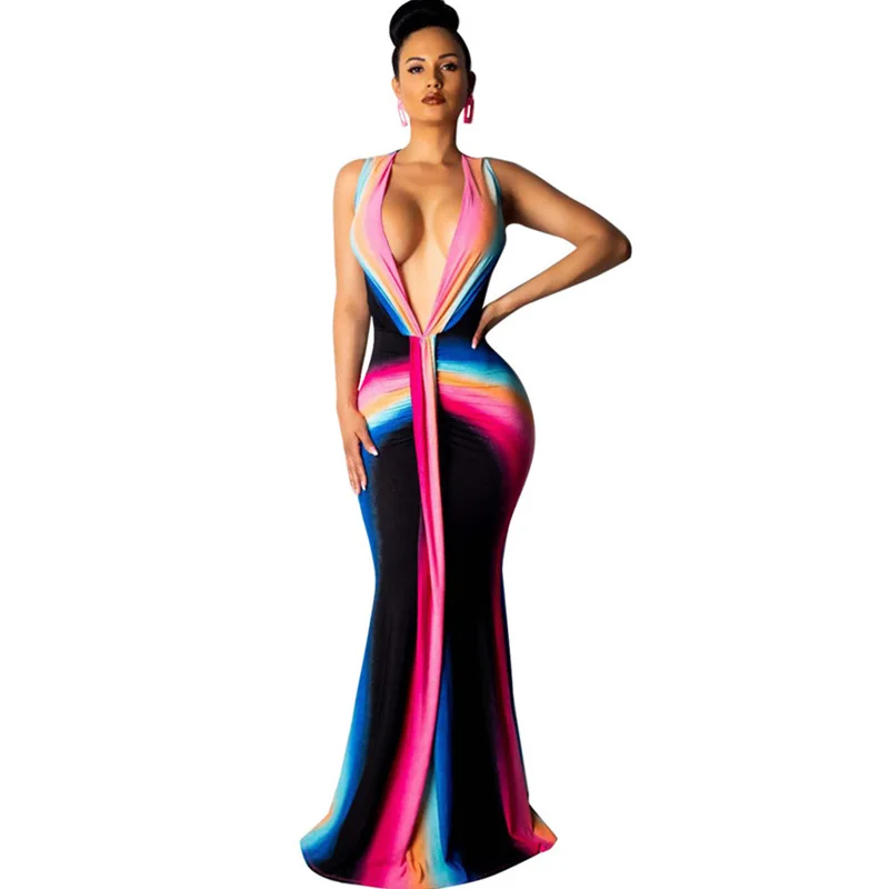 

Sexy Rainbow Print Mermaid Bodycon Maxi Dress Women Deep V-neck Floor-length Elegant Evening Night Club Celebrity Party Dresses