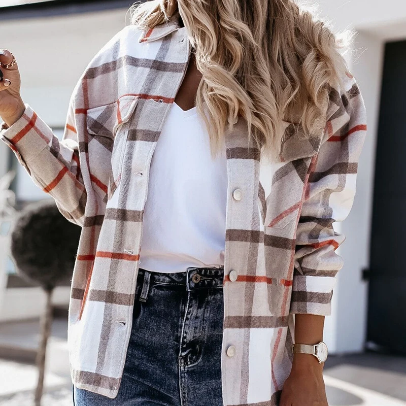 Elegant Fall Winter Women Long Sleeves Lapel Plaid Print Blouses Jackets Casual Buttons Cardigan Fashion Office Lady Party Coats | Женская