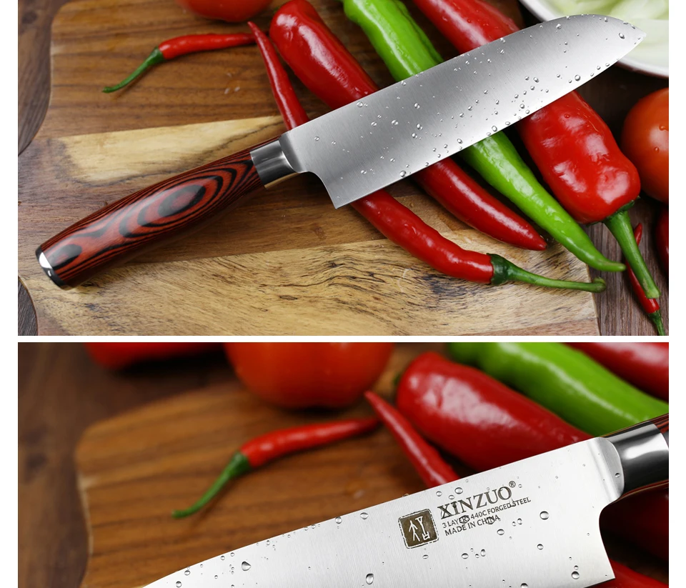 XINZUO 7 ''дюймовый нож Santoku немецкий 3 слоя 440C плакированный стальной нож из нержавеющей стали японский стиль шеф-повара с деревянной ручкой Pakka