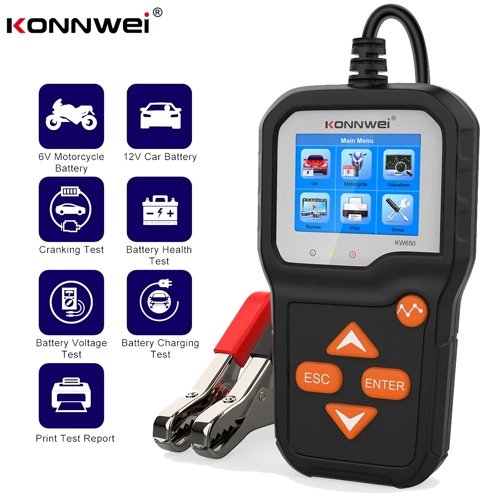 

KONNWEI KW650 Car Motorcycle Battery Tester 12V 6V Battery System Analyzer 2000CCA Charging Cranking Test Tools for the Car