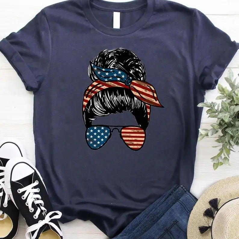 

4th of July All American USA FLAG Mama Freedom Fourth Patriotic Independence Day Shirts Short Sleeve 100% Cotton Top Tee O Neck