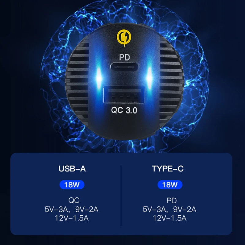 

QC3.0 Dual USB Car Charger PD Type-C Socket Fast Charging With LED light 12V 24V 2 Ports Adapter For Boat RV Motorcycle