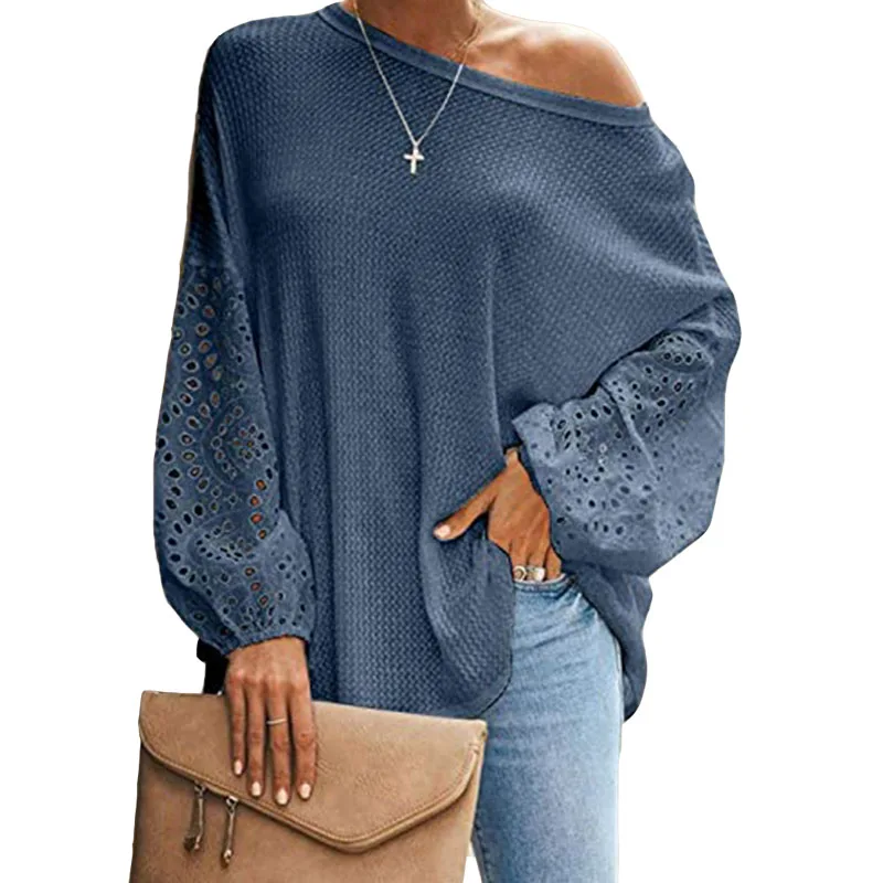 

Lady Off-The-Shoulder Hollow Out Sexy T-Shirt Voluminous Lace Blouse 2021 Spring Female Loose Women T-Shirts Solid Chiffon Shirt