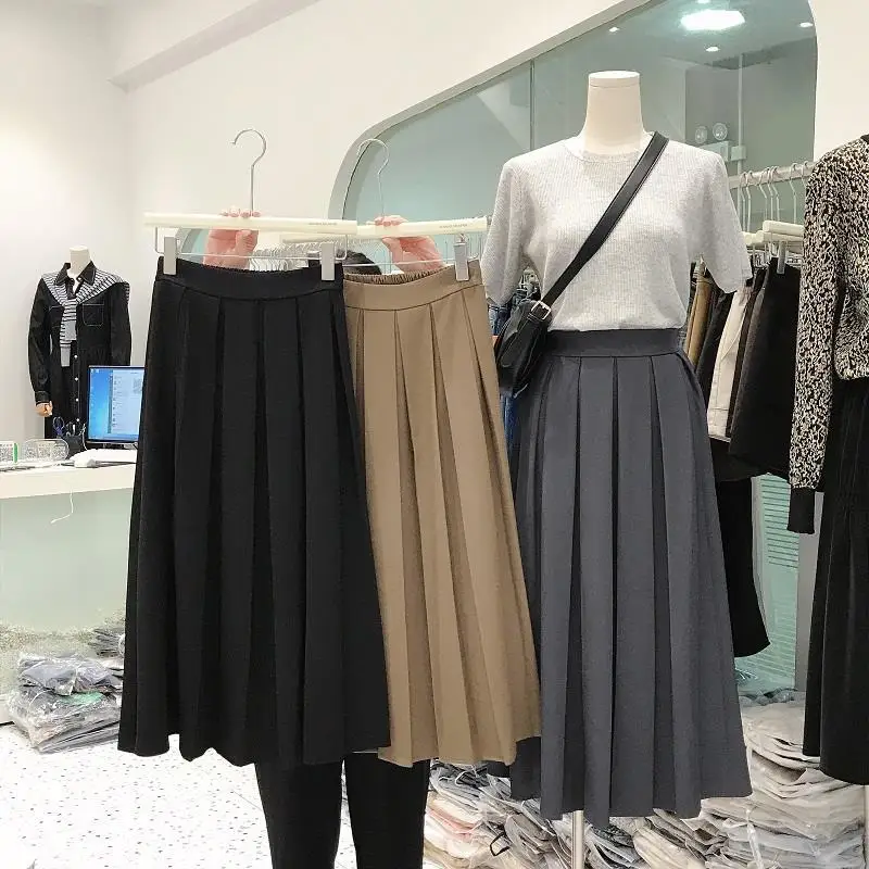 

Harajuku Summer Autumn Casual High Waist Pleated Skirt For Women Chic Ladies Solid Color A Line Long Skirt