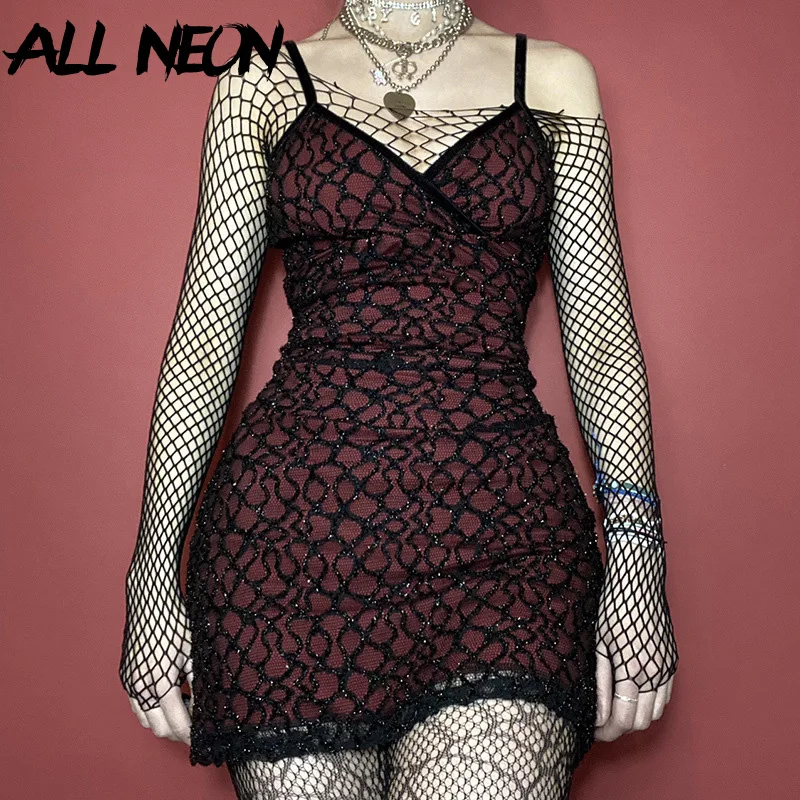 

ALLNeon E-girl Fashion Glitter Mesh Sexy Cami Dress Y2K Aesthetics Backless V-neck Double Layer Mini Dress Bodycon Clubwear Fall