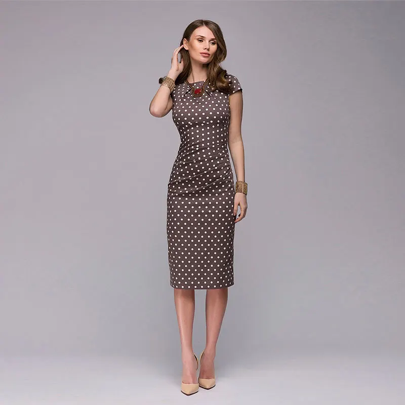 Женское облегающее платье в горошек офисное Деловое с коротким рукавом модель B616
