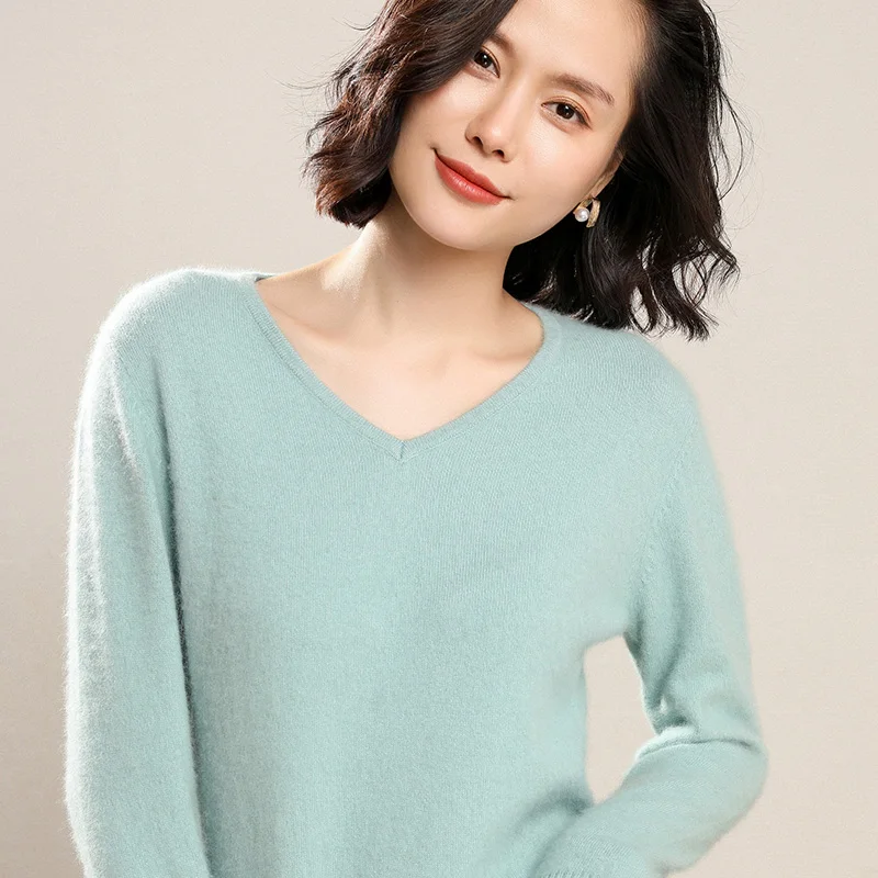Осень-зима 2019 женский свитер с V-образным вырезом модель 100% Женский мягкий теплый