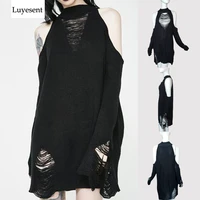 black gothic long sweaters women punk hollow out off shoulder thin hole pullover jumpers cool broken knit sexy sweater slit top