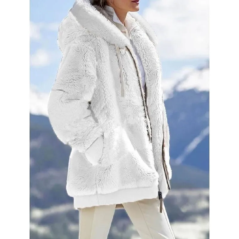 

2021 new autumn and winter loose plush zipper hooded jacket women