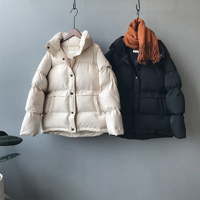 

HXJJP 2022 Autumn Winter Thick Warm Down Cotton Coat Women's New Korean Single-breasted Stand Collar Loose Bread Puffer Jacket