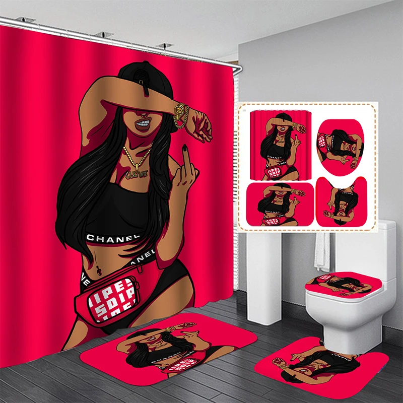 cute african girl shower curtain set waterproof bathroom curtains with anti slip bath mat toilet lid cover doormat kitchen rugs free global shipping