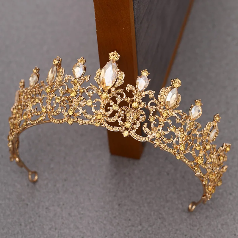 Bridal Tiaras and Crowns Hair Jewelry Champagne Gold Crystal Rhinestone Wedding Accessories Crown Queen Diadem Ornament | Украшения и