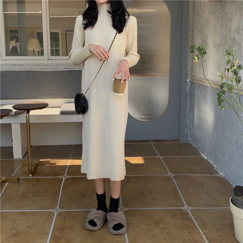 

2022 Autumn Retro Ladies Turtleneck knitting Thicken Dresses New Women Midi sweater Long sleeve Dress Casual ball gown Vestidos