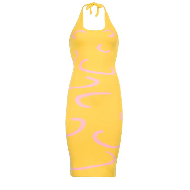 

UETEEY 2021 Knitted Bodycon Dress Women Y2K Halter Neck Summer Yellow Sleeveless Midi Backless Party Sexy Dresses Beach