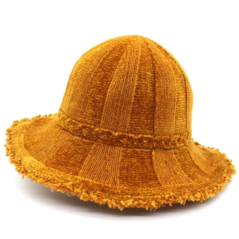 

2021 Autumn and Winter New Women's Knitted Chenille Basin Hat Korean Fisherman's Wool Hat with Big Eaves