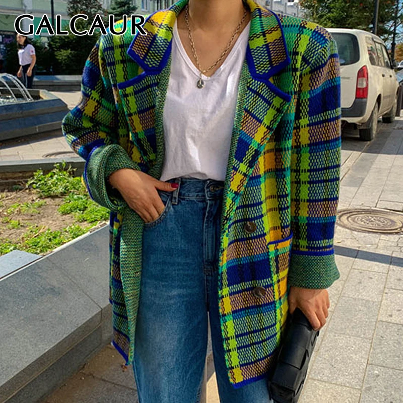 GALCAUR High Street клетчатый женский блейзер с зазубренным длинным рукавом хитовый цвет