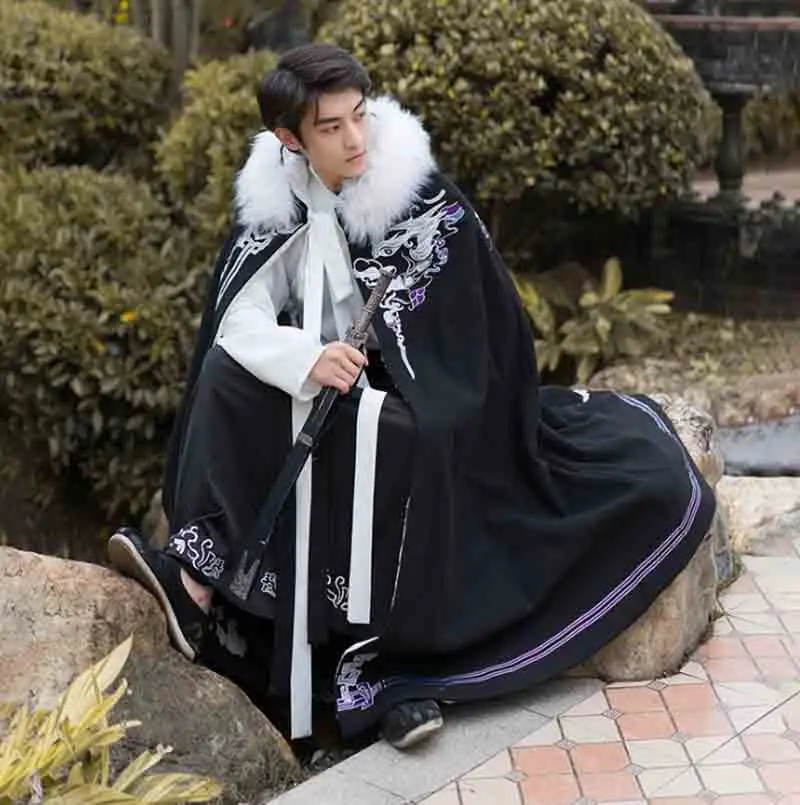 

Winter Warm Hanfu Cloak For Men Chinese Traditional Embroidery Black Thick Cape Male Cosplay Costume Hanfu Clack For Men