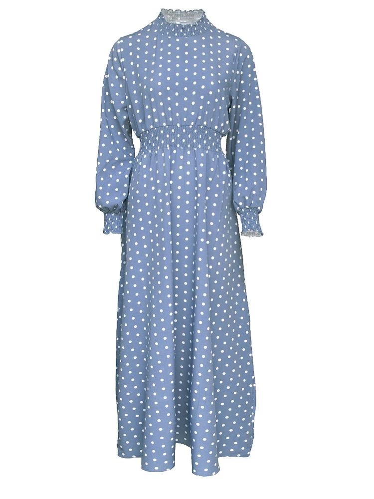 

Long Spring Dress Woman 2021 Lantern Sleeve Polka Dot Print Maxi Dresses For Casual Elastic High Wasit A Line Kobieta Sukienka