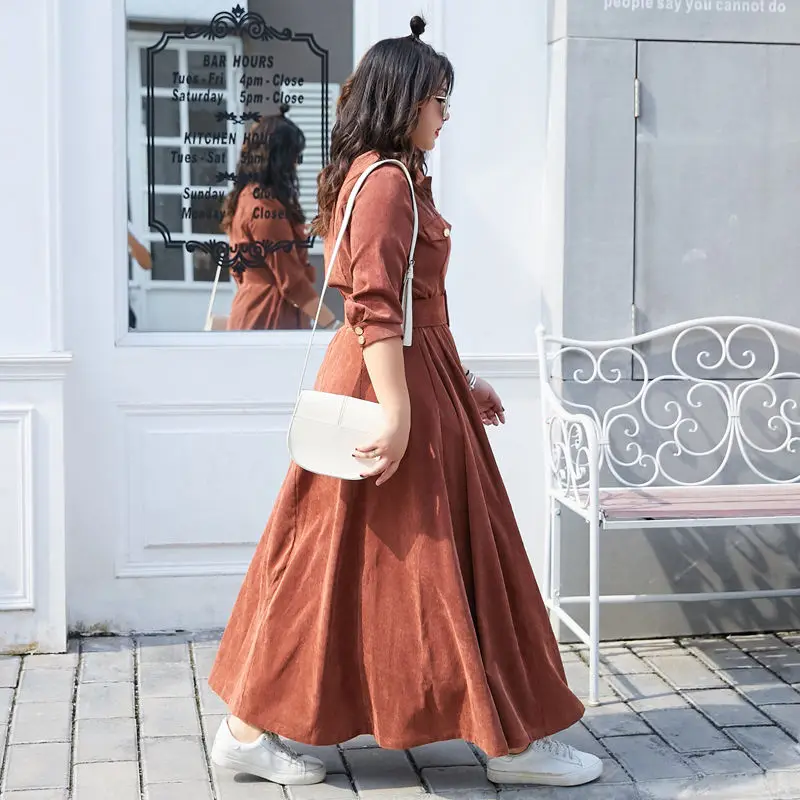 

Женское вельветовое платье-рубашка, винтажное однобортное платье до щиколотки с длинным рукавом, осень 2021