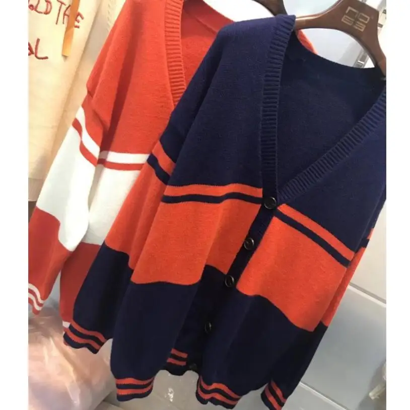 

V-neck Single-breasted Knitted Cardigan Casual Sweater Coat Autumn Winter Loose Hit Color Striped Knit Coat Long Sleeved Tops