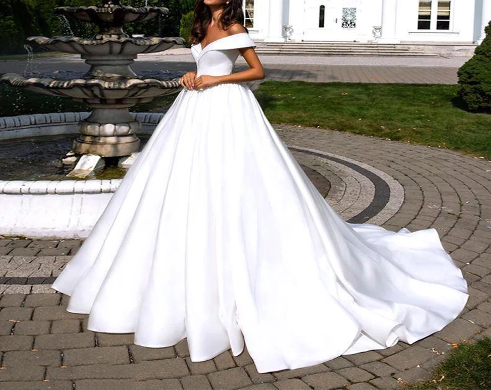 

Атласное длинное свадебное платье со шлейфом, с открытыми плечами, длиной до пола, на заказ, 2021