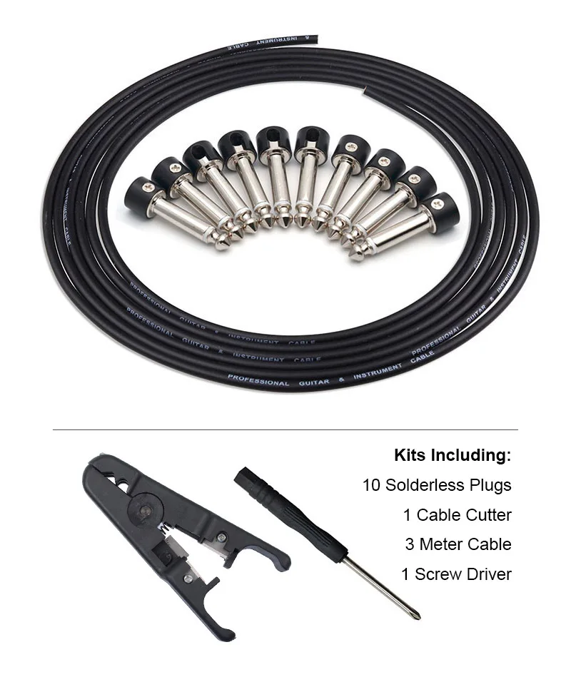 ALLMusic Solderless соединения дизайн гитарный кабель DIY гитарная педаль патч-кабель комплект 10 Solderless черный колпачок штекер 3 м кабель