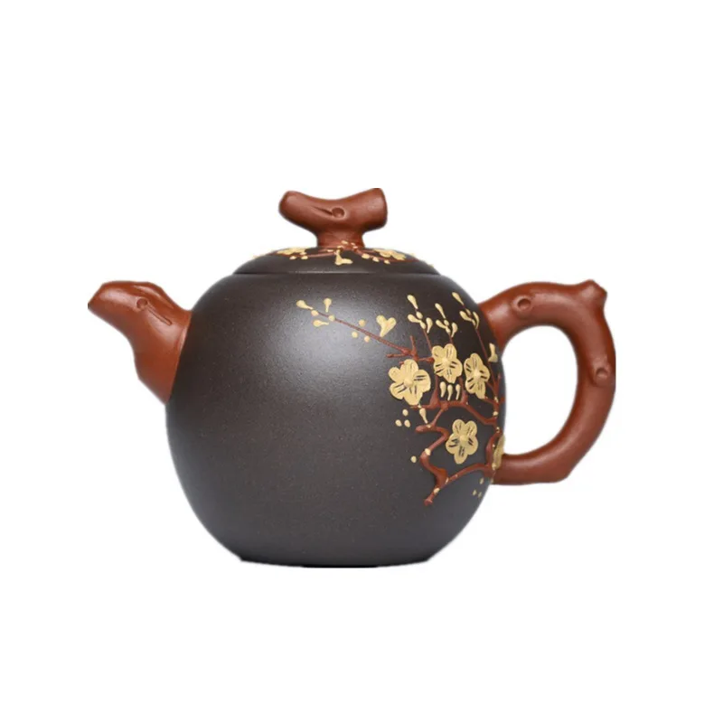

Yixing purple clay teapot gift raw ore Handmade Black Mud two color Decal card cover plum teapot