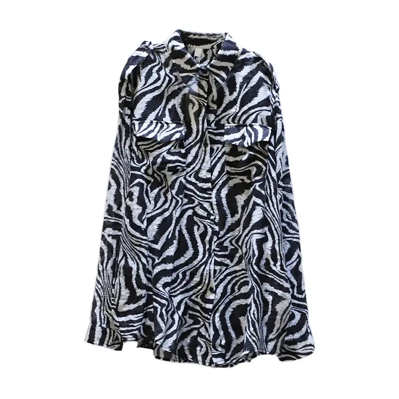 

XITAO New Trendy Zebra Pattern Print Short Casual Turn-down Collar Contrast Color Women Loose Spring and Autumn All-match ZY4585