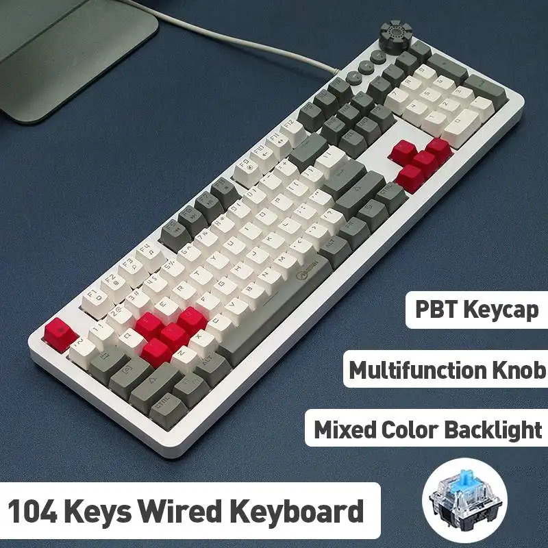 

104 Keys Wired Mechanical Keyboard PBT Keycap Mixed Color Backlight Multifunction Knob Blue Switch For Computer Gamers Laptop