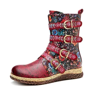 D Knight Brand Embroidered Ethnic Winter Ladies Thick Heel Bottom Boots Genuine Leather New Plus Size 27.5 Ankle Boots For Women