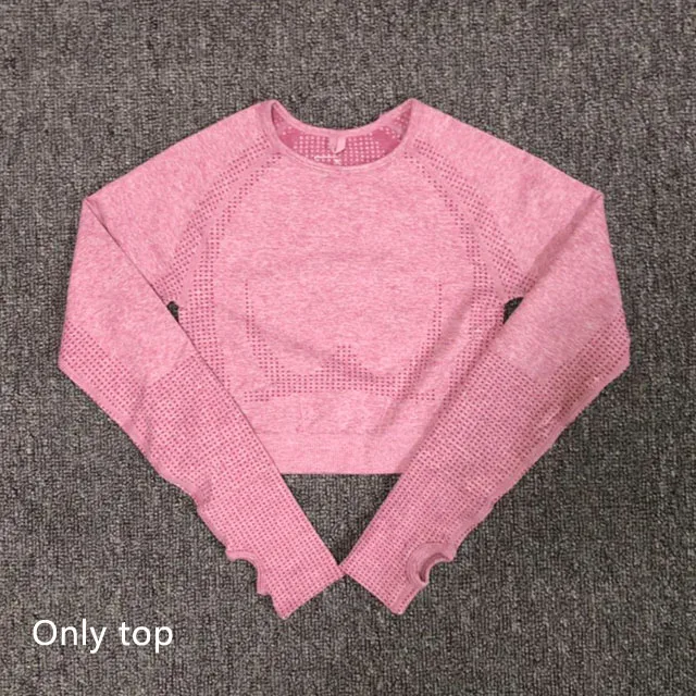 Pink top Комплект для йоги из 3 предметов, бесшовные леггинсы+ спортивный бюстгальтер+ укороченный топ с длинными рукавами, женская одежда для зала и бега, спортивный костюм для фитнеса с высокой талией - Цвет: Pink top