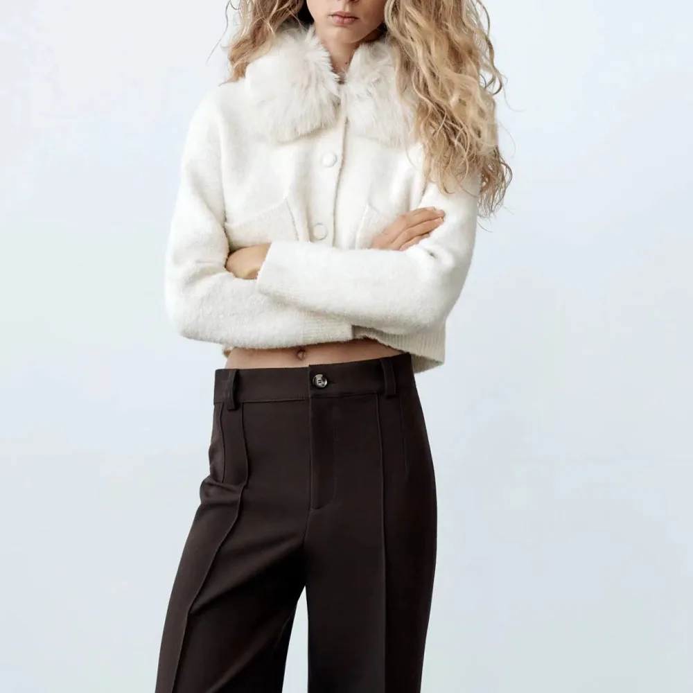 

Женский кардиган с отворотами Za, винтажный свитер со съемным искусственным мехом и длинным рукавом, верхняя одежда, 2021