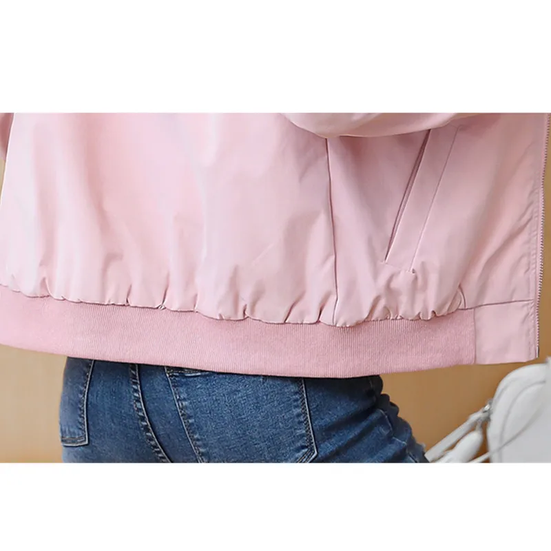 

Spring Black Short Coat Women Hooded Embroidery Floral Casual Thin Zipper Baseball Jacket Ladies Loose Outerwear Female H1336