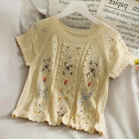 womens summer korean knitted round neck short embroidered t shirt floral print t shirts pullover ladies tee tops