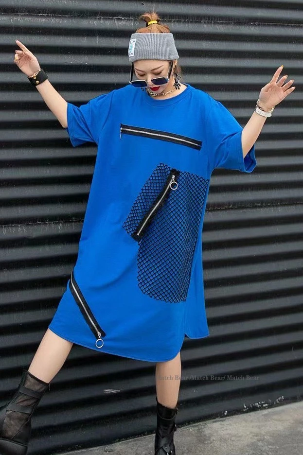 

QING MO Blue Black Women Casual Dress 2021 Summer Newest Women Zippers Decorate Dress Female Mixture Dress ZQY6906