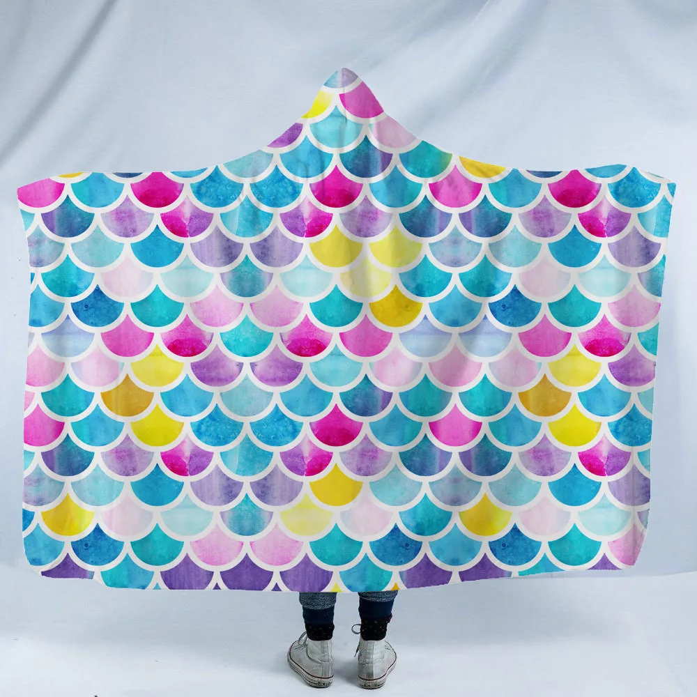 

Цветное одеяло с капюшоном в виде рыбьей чешуи для детей, домашнее одеяло с рисунком, зимнее теплое переносное полиэфирное одеяло
