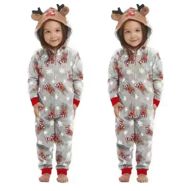 C6UD Family Onesies Pajamas Cute Elk Antler Hooded Christmas Zipper Jumpsuit Rompers images - 6