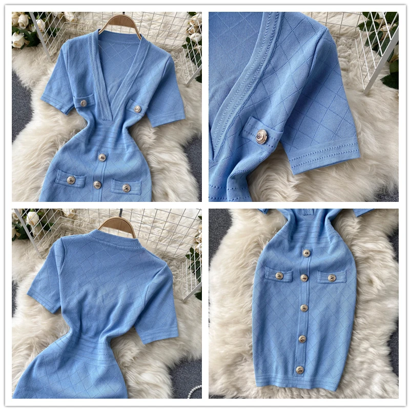 

Office Lady Knitted Pencil Dress Sexy V Neck Short Sleeve Elastic Slim Sheath Dresses Summer Korean Chic Streetwear Short Dress