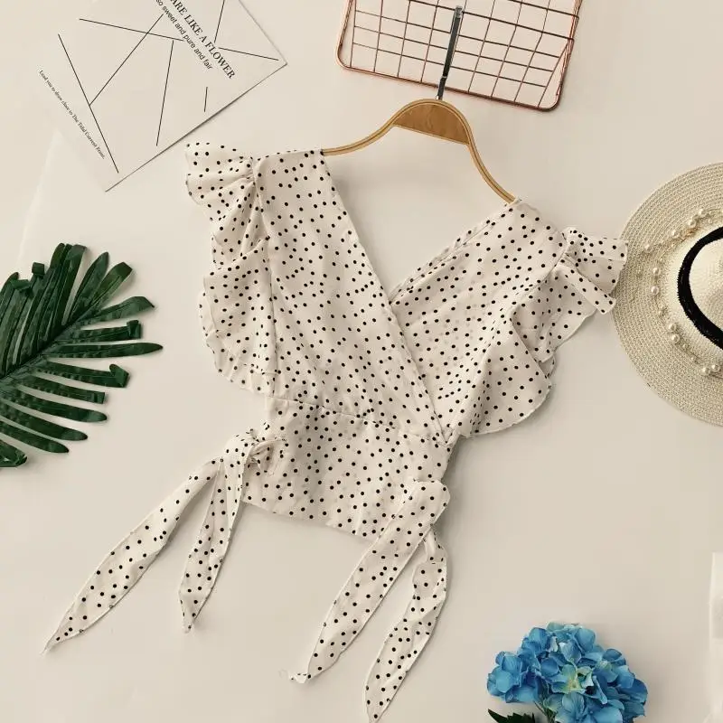 Милая плиссированная блузка в горошек с V образным вырезом короткие шифоновые