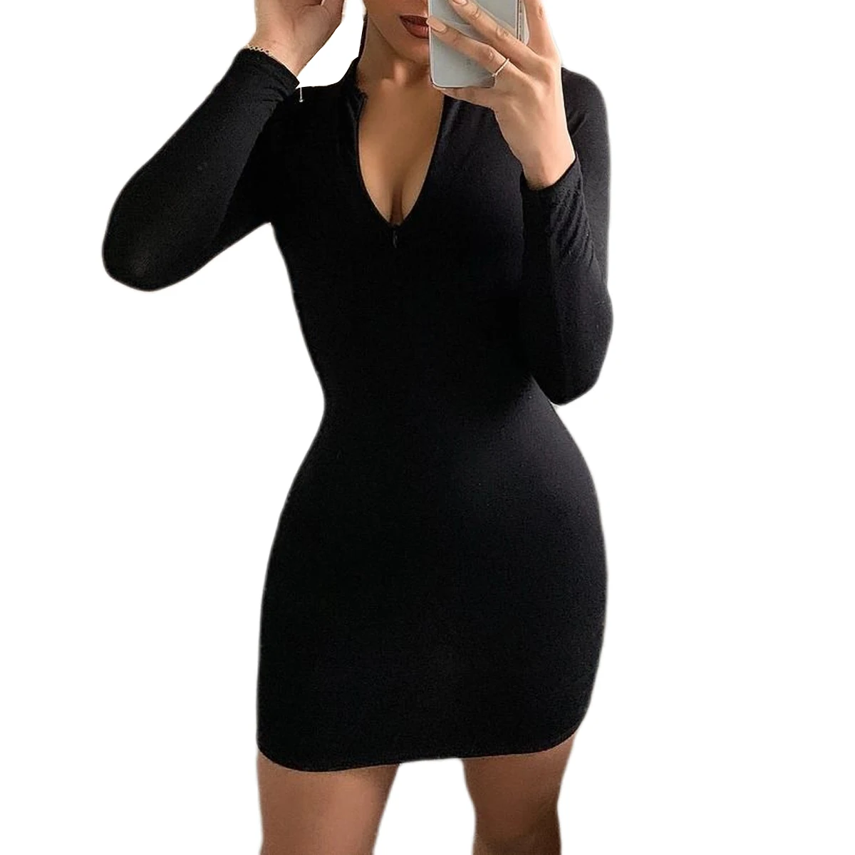 

Women's Long Sleeve Midi Dress Fashion Casual Wild Sexy Zippered Slim Fit Bag Hip Dress Solid Color Club Wear