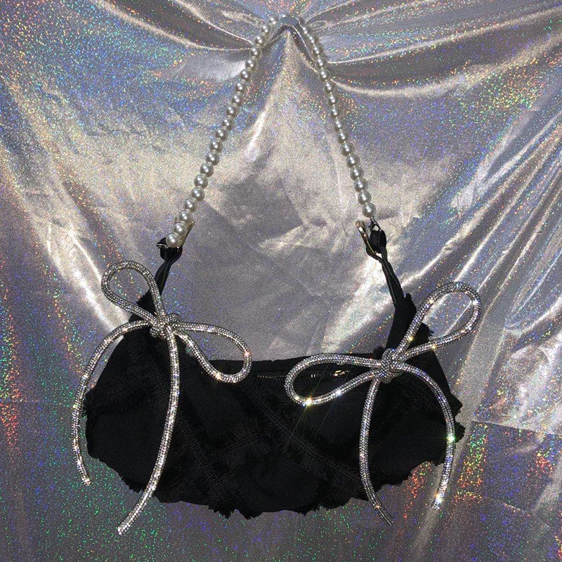 

[BXX] Women New Black Pearls Chains Diamonds Bows Canvas Baguette Handbag All-match Shoulder Bag Fashion Trending 2021 GF0102