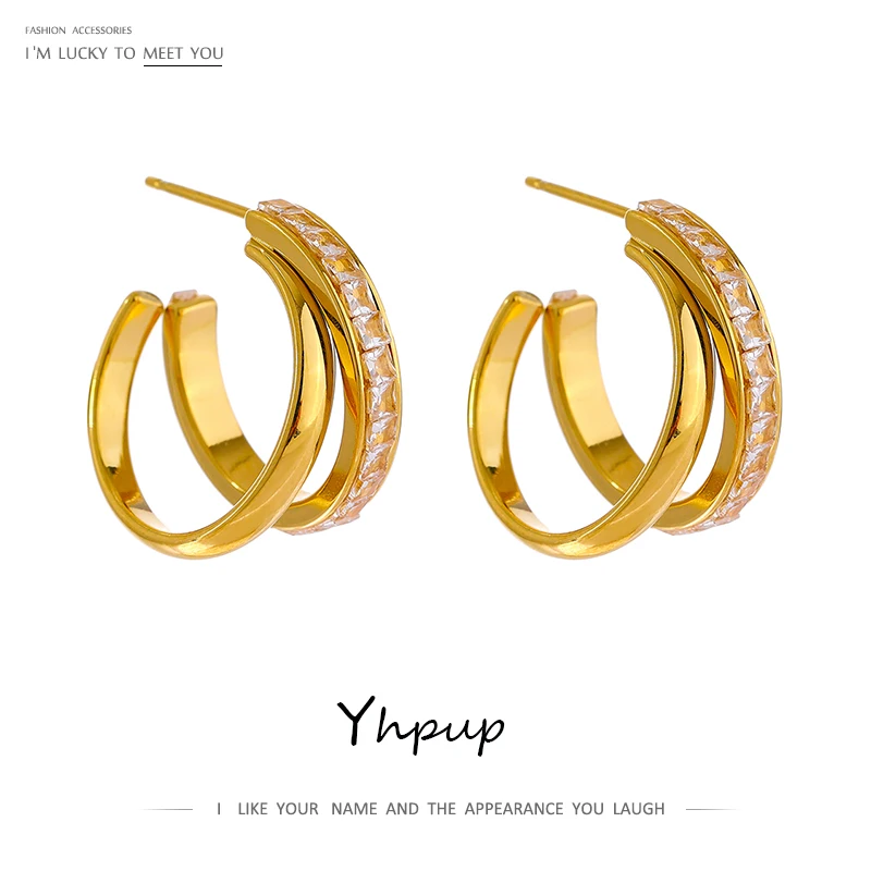 

Yhpup Fashion Stainless Steel Geometric Stud Earrings Delicate Bling Cubic Zirconia Jewelry joyería acero inoxidable mujer Gift