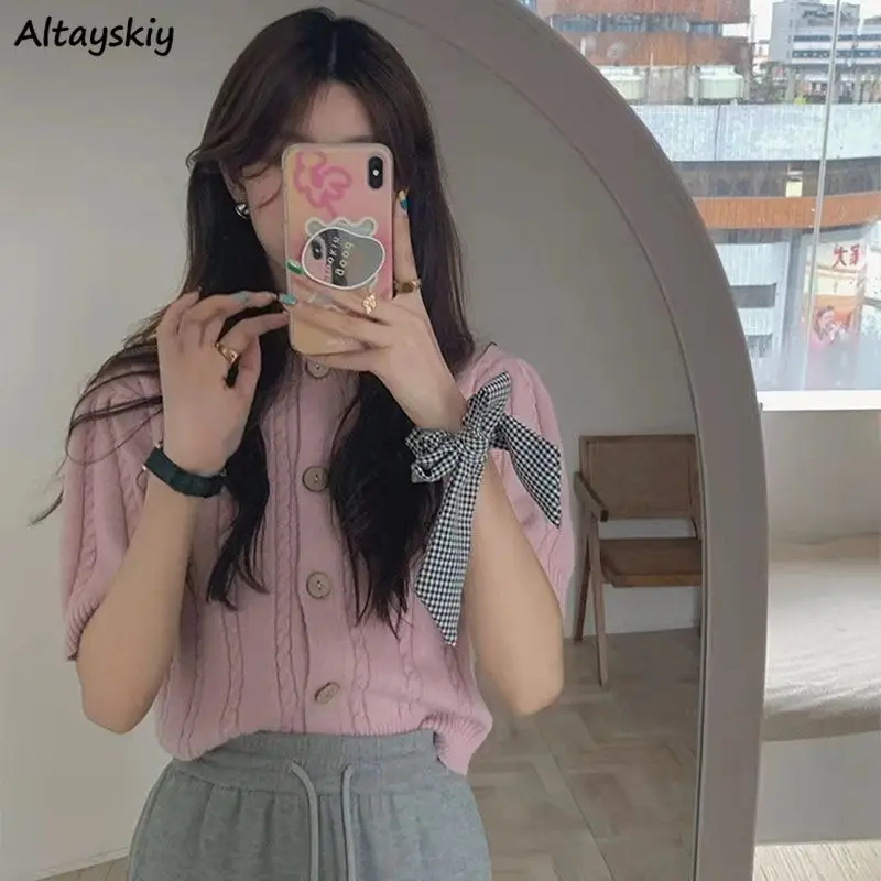 

Sweet Women Cardigan Spring Half Sleeve O-neck Simple Elegant Students Candy Colors Soft Loose Knitted Leisure Crop Outerwear