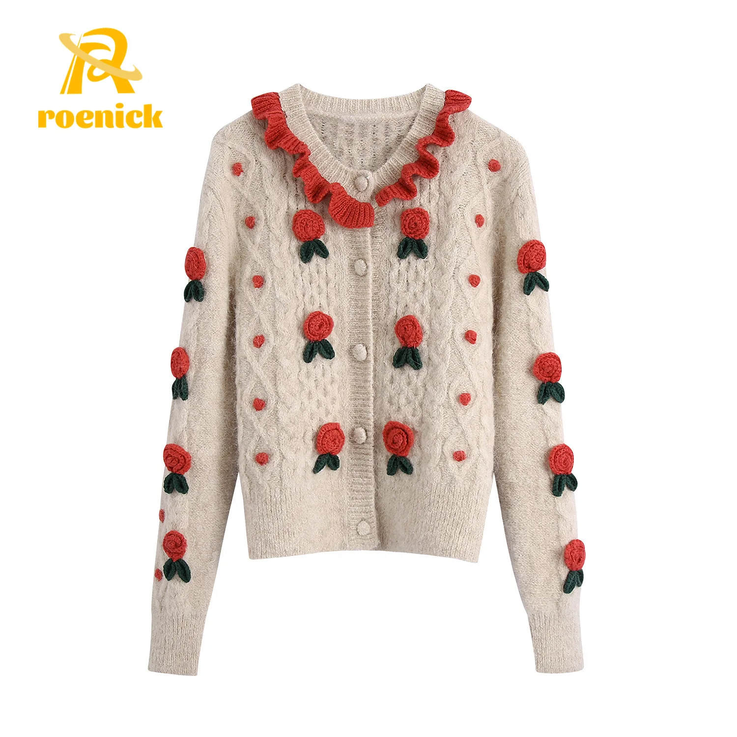 

ROENICK Women 2021 Fashion Floral Cardigans Sweaters Vintage Long Sleeve Cropped Knitted Tops Female Chic Jumpers Outerwears