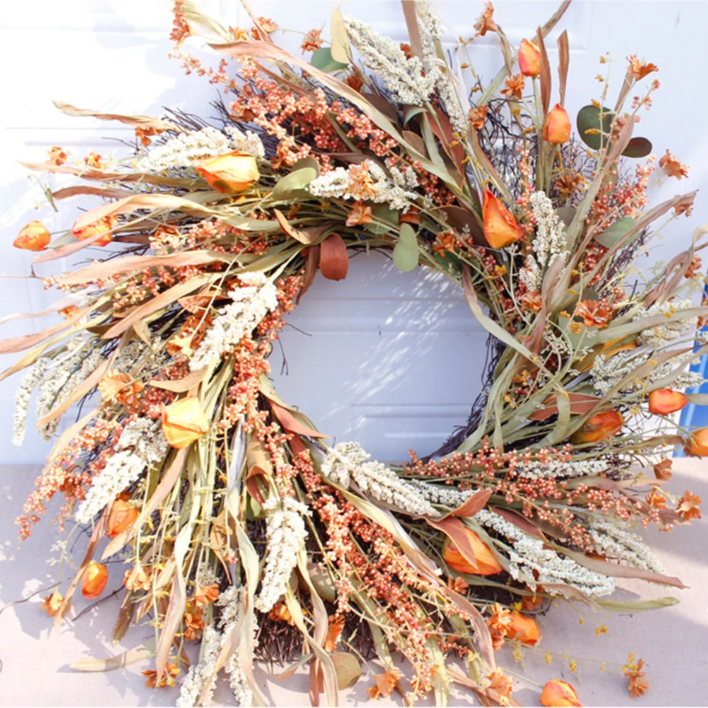

62cm Fall Front Door Wreath Harvest Gold Wheats Ears Circle Garland Autumn Wreath for Front Door Wedding Wall Home Decor YE-Hot